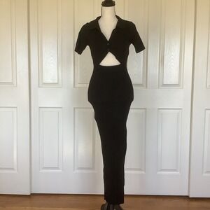 L Space Lena Ribbed Knit‎ Short Sleeve Cutout Midi Dress Black Size S NWT